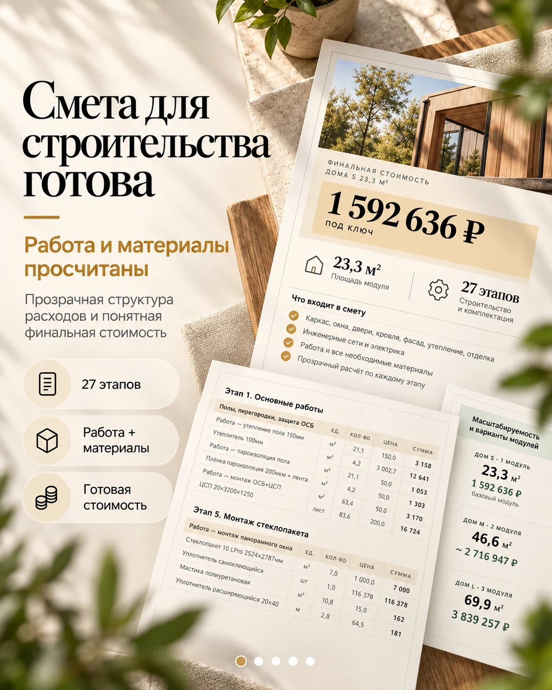 Пример сметы строительства: 27 этапов, материалы и работы по каждому этапу, итоговая сумма
